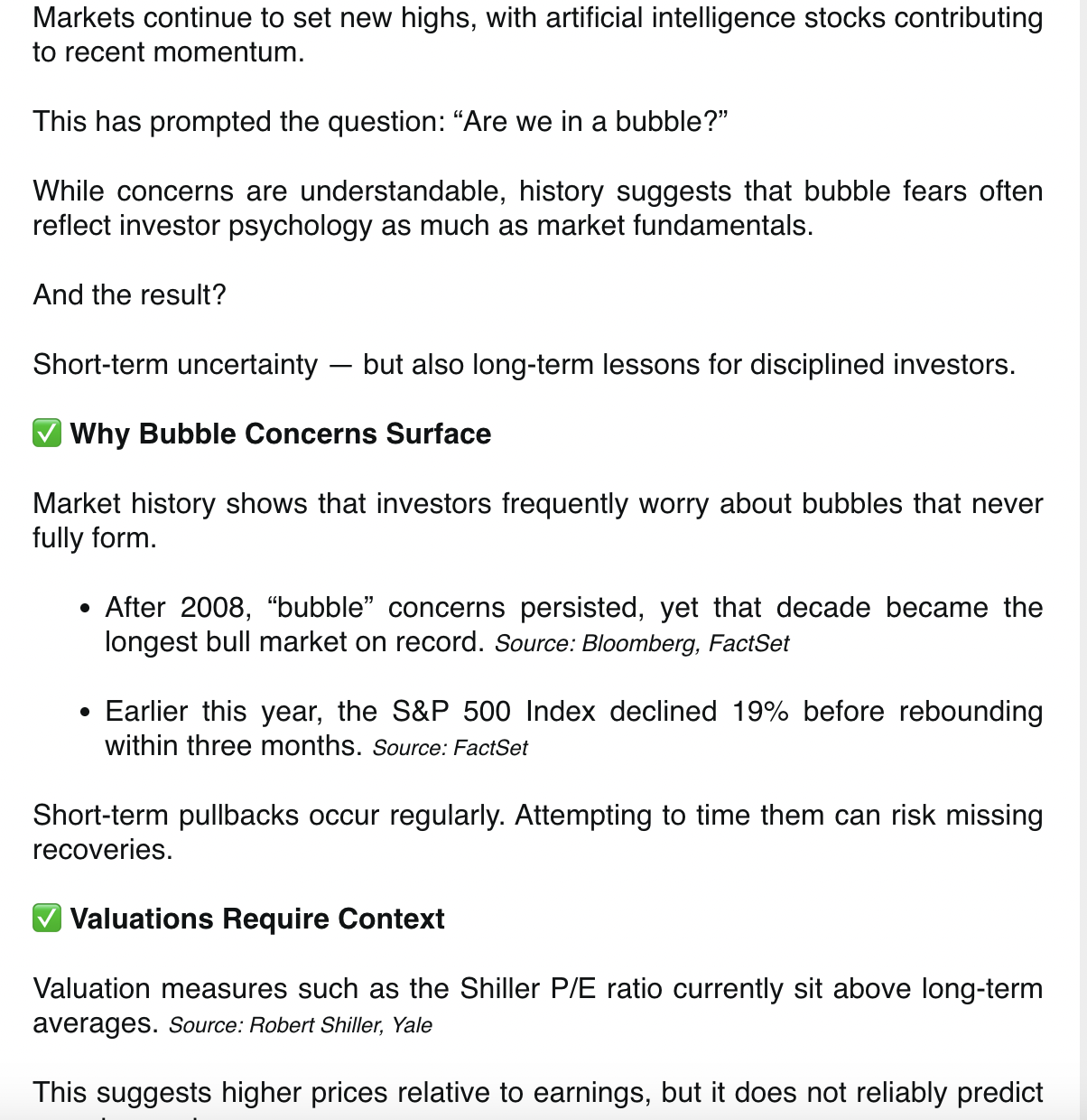 Newsletter content - Market bubble discussion